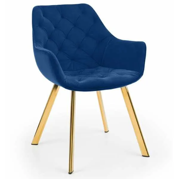 Blue Velvet Fabric Upholstered Buttoned Kitchen Dining Chair Gold Finish Legs