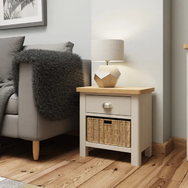 Grey Painted Oak Top Bedside Chest Wicker Baskets