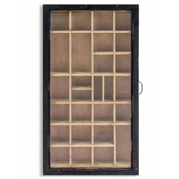 Antiqued Black Wooden Wall Display Cabinet Glass Door