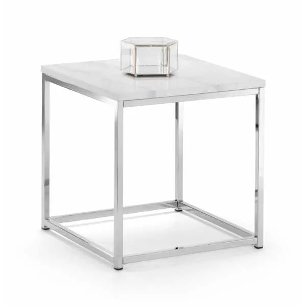 Square White Marble Effect Top Lamp End Table Stainless Steel Framed Italian Design