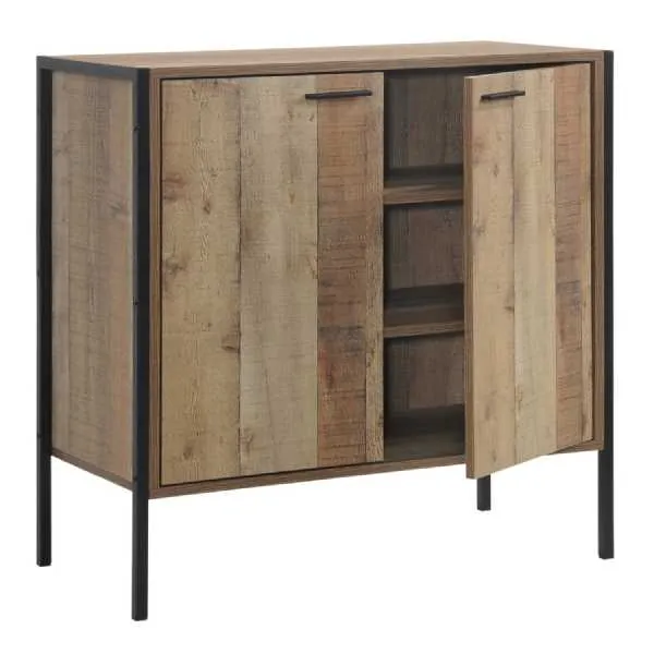 Rustic Oak 2 Door Sideboard Storage Cupboard Black Metal Frame