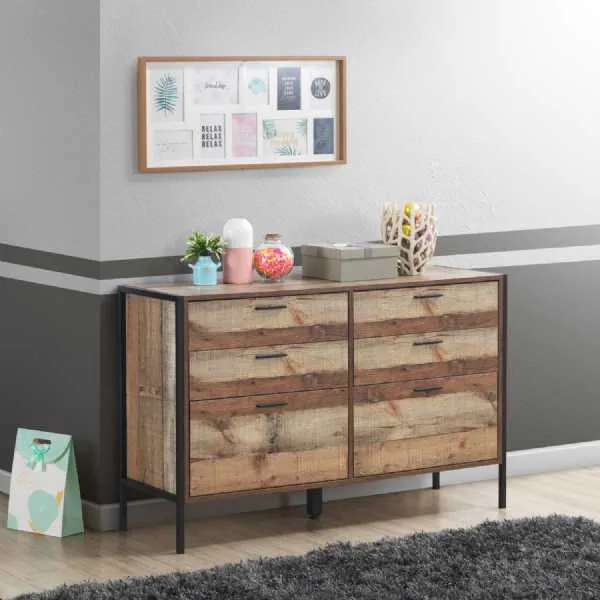 Rustic Distressed Medium Oak Wood Effect Chest of 6 Drawers Metal Framed Industrial