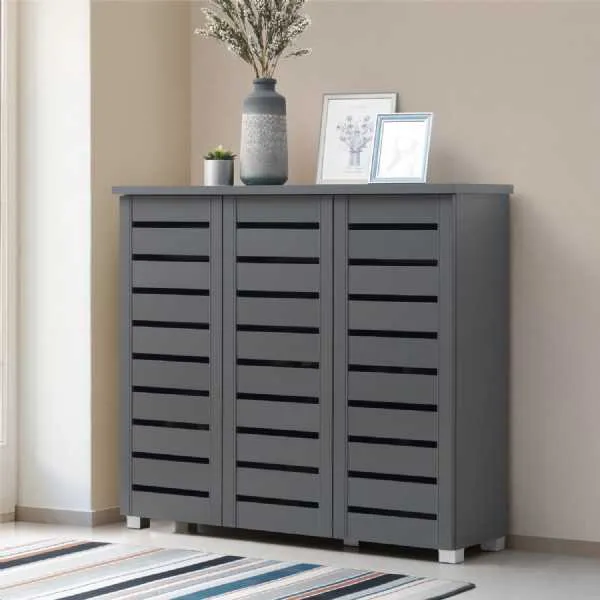 Dark Grey 3 Door Shoe Storage Cabinet Rack with 4 Shelves Panelling Fronts