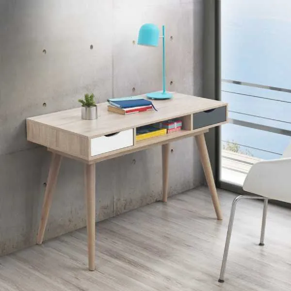 Oak White and Grey Compact 2 Drawer Home Office Study Desk 75 x 110cm Modern Style