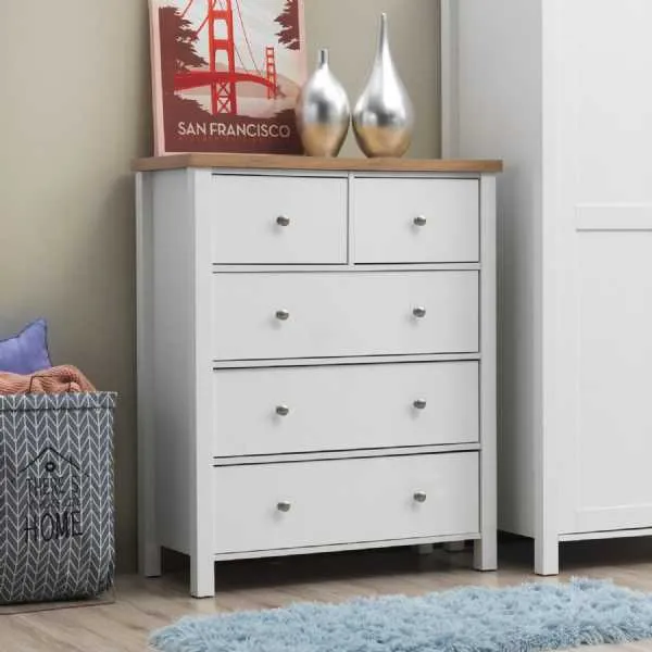 White Wooden 2+3 Drawer Chest 2 Over 3 with Oak Top British Style