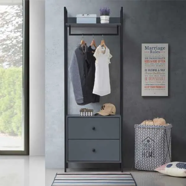 Wooden Grey 2 Drawer Metal Framed Open Wardrobe 180 x 63.8cm Modern Style