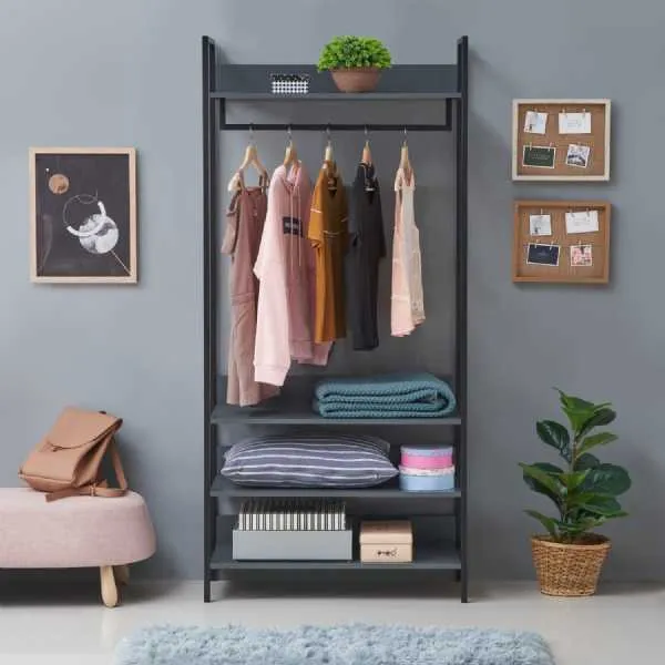 Dark Grey Effect Open Wardrobe Shelving With 4 Shelves Metal Outer Frame 180cm Tall