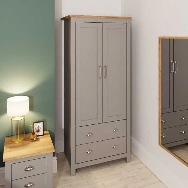 Grey Double 2 Door Wardrobe Oak Wood Top 180cm Tall