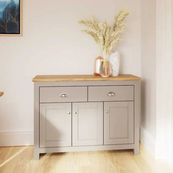 Light Grey Large 3 Doors 2 Drawer Sideboard Cupboard with Oak Top Modern