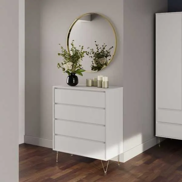 Modern White Chest of 4 Drawers Metal Gold Finish Hairpin Legs