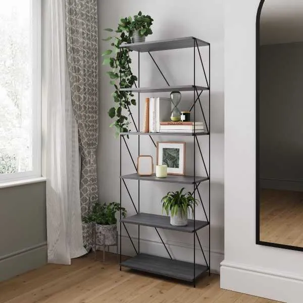 Leyo 6 Tier Bookcase Storage Unit Grey