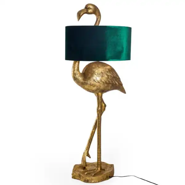 Gold Flamingo Floor Lamp with Green Velvet Shade