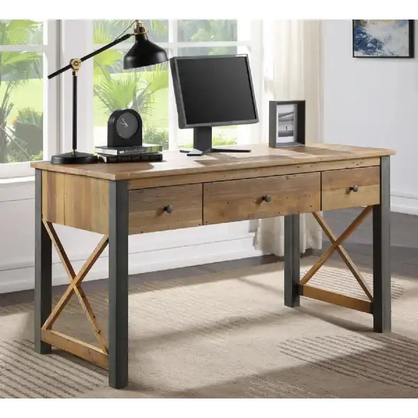 Industrial Reclaimed Wood 3 Drawer Home Office Desk Dressing Table