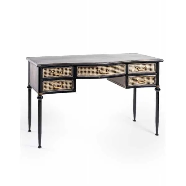 Antiqued Black Desk with Metal Rattan Drawers