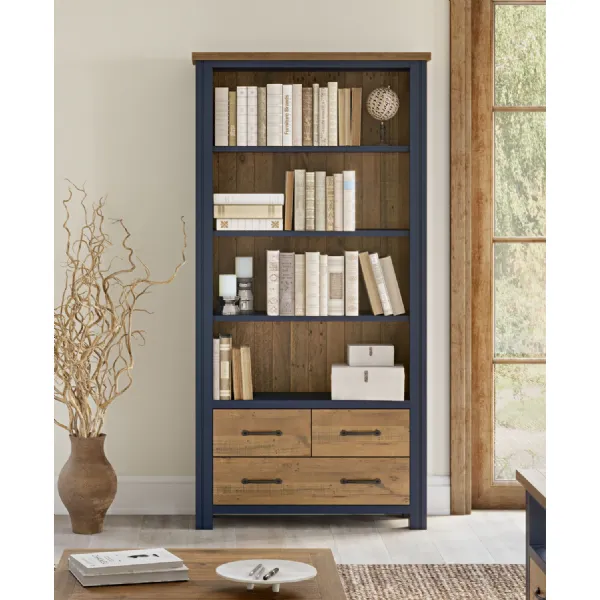 Splash of Blue Large Open Bookcase with Drawers