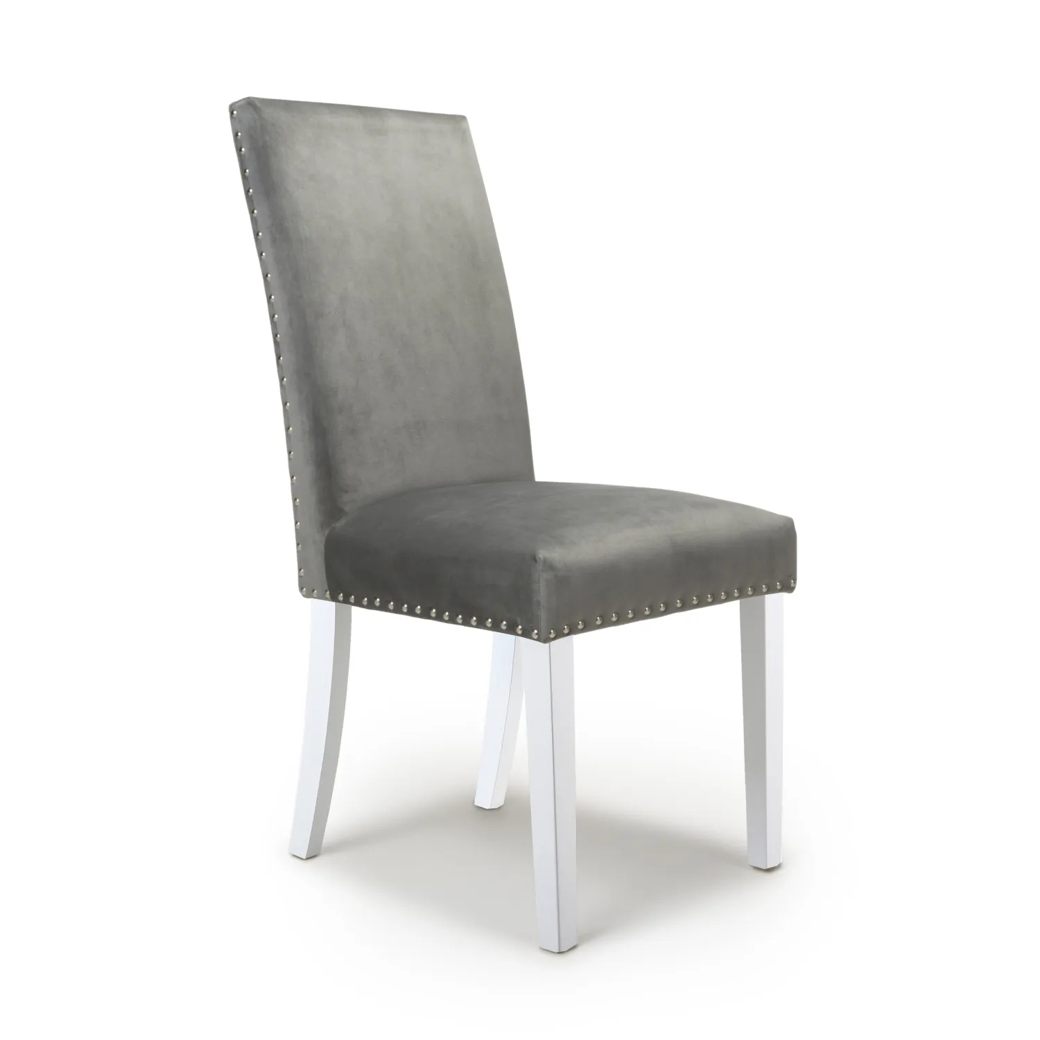 Grey Brushed Velvet Fabric Upholstered Kitchen Dining Chair Stud Detail White Legs