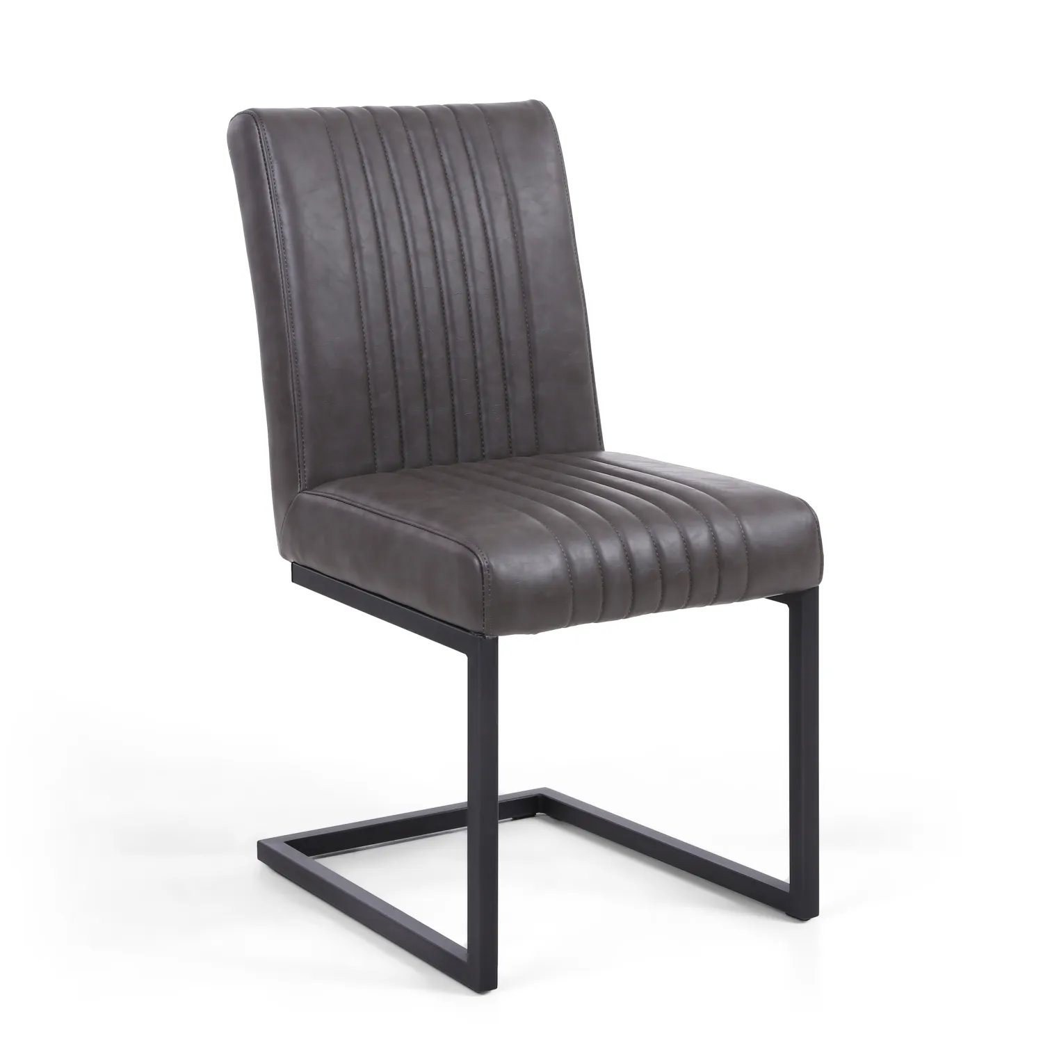 Grey Ribbed Leather Dining Chair Dark Grey Metal Legs