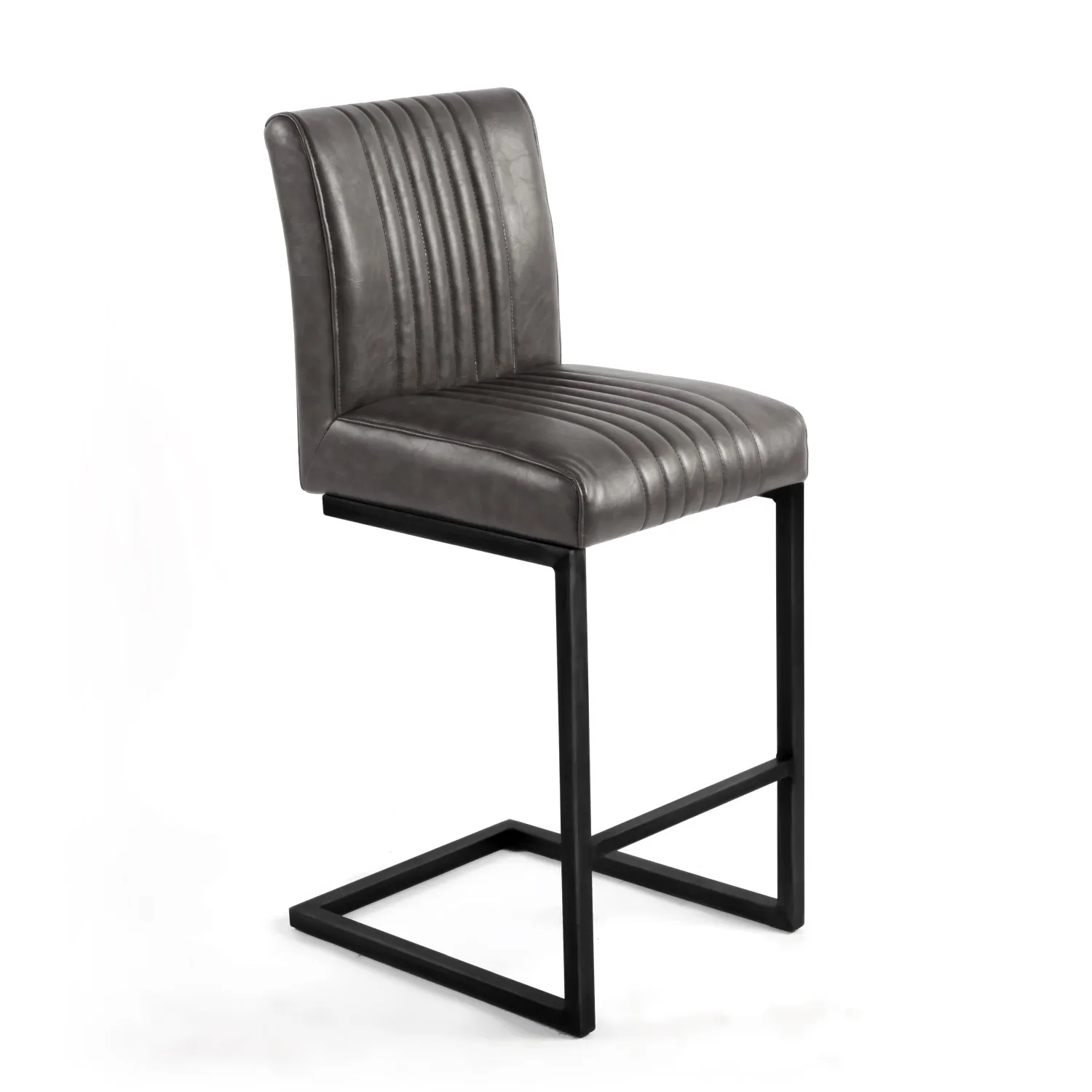 Ribbed Grey Leather Bar Stool Grey Metal Legs