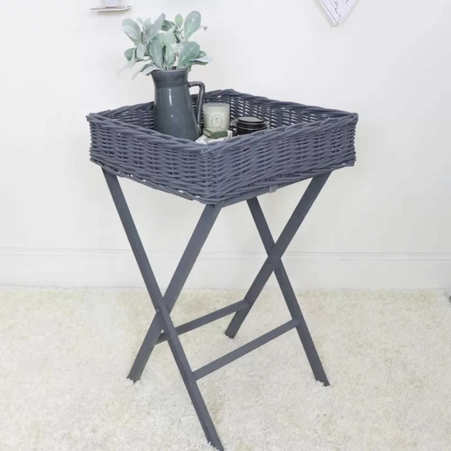 Large Grey Rattan Wicker Garden Outdoor Basket Serving Butler Tray 80x50x40cm