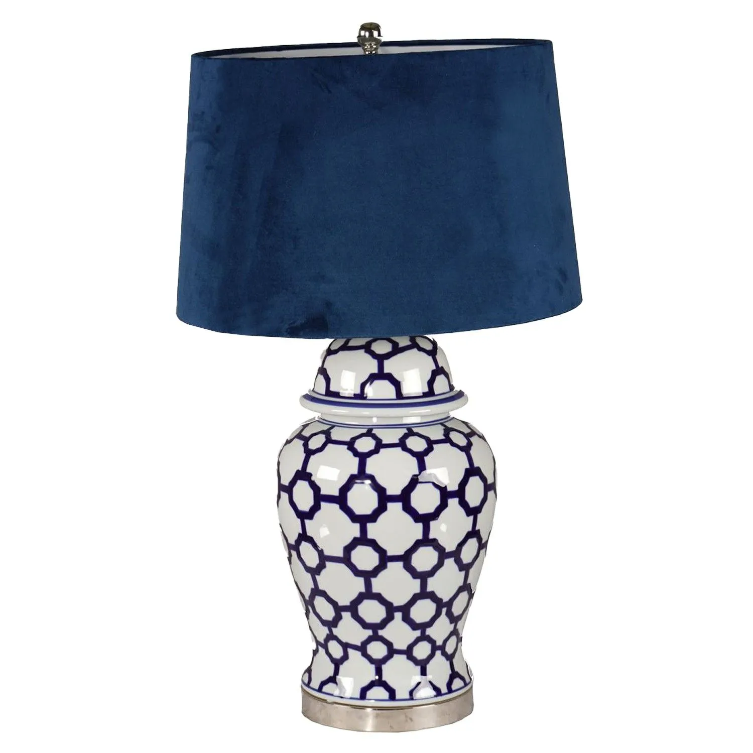 Acanthus Blue And White Ceramic Lamp With Blue Velvet Shade