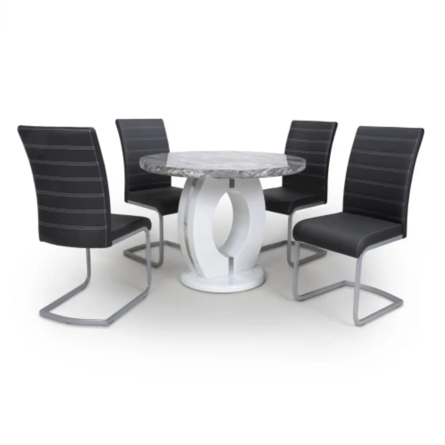 Marble Round Dining Table Set 4 Black Leather Chairs