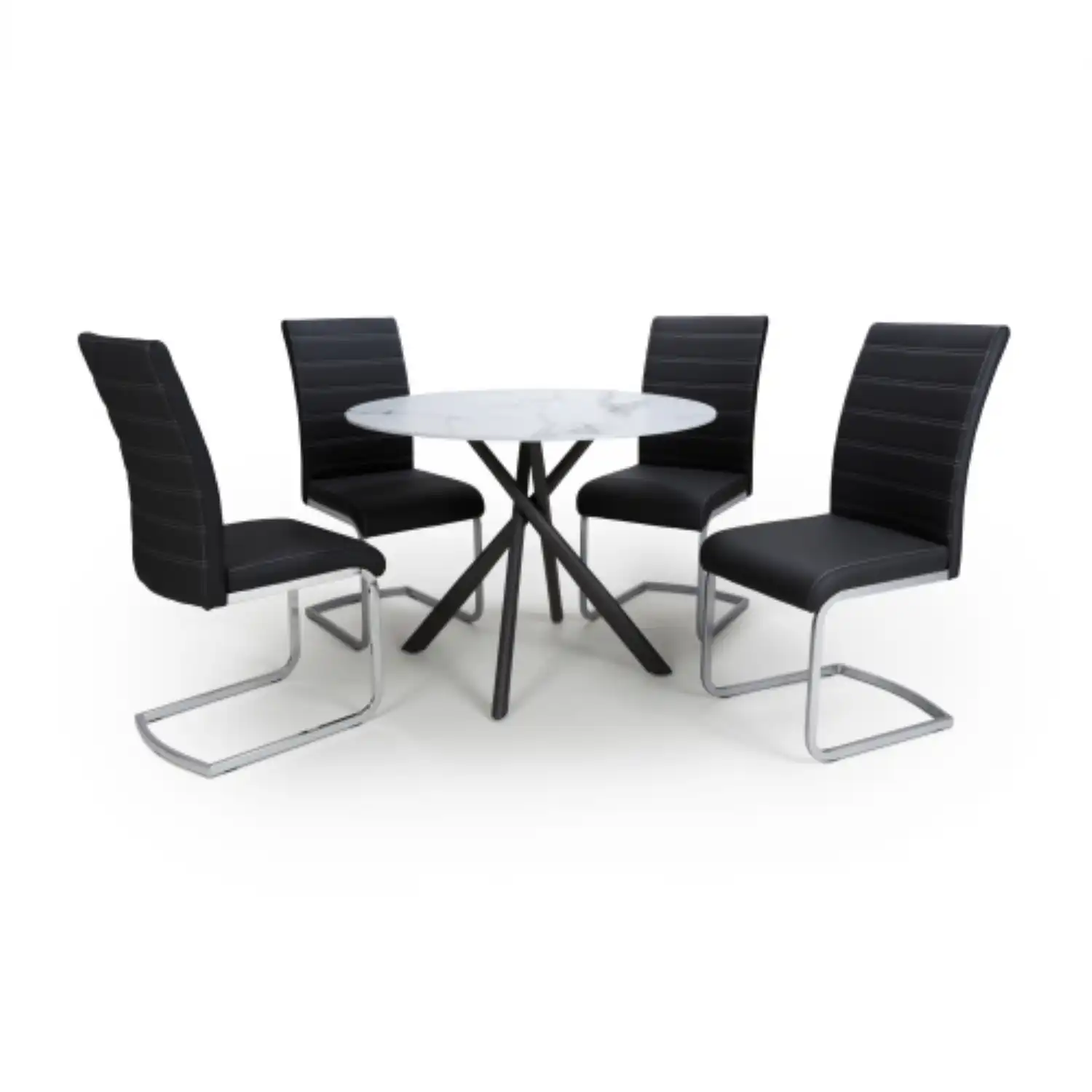 White Glass Top Round Dining Set 4 Black Leather Chairs