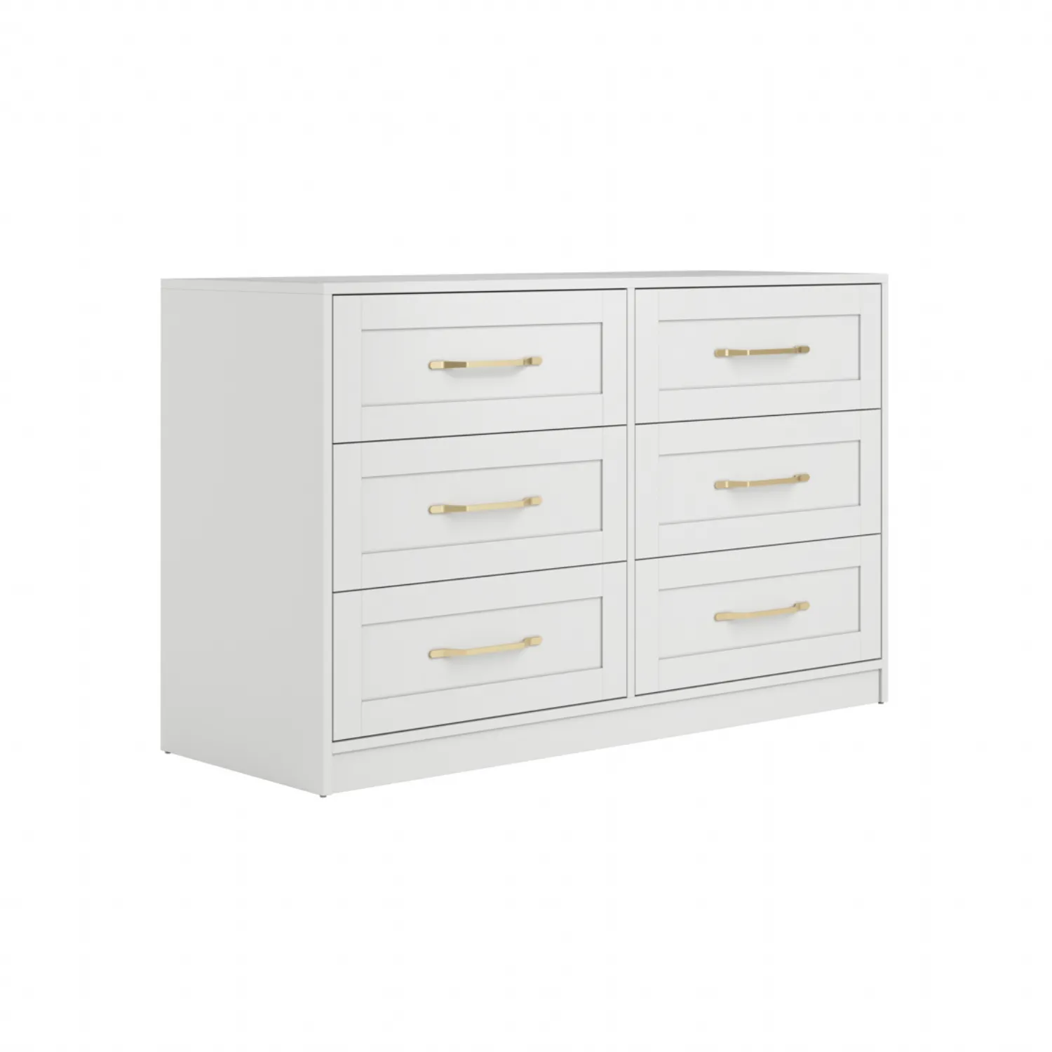 Modern White Wide Chest of 6 Drawers Brushed Brass Handles