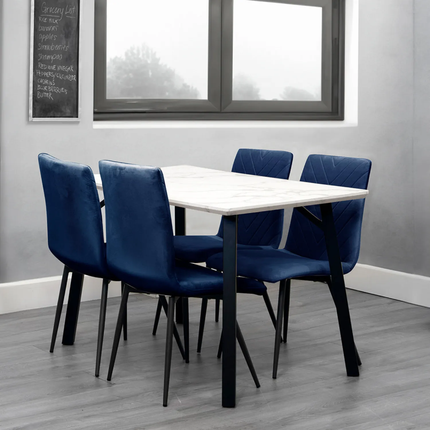 Dining Set 1.2m Marble Table And 4 x Blue Chairs