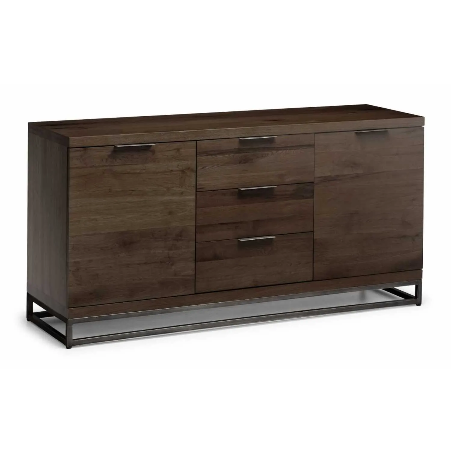 Modern Solid Dark Oak Wide 3 Drawer 2 Door Sideboard Industrial Style Metal Legs