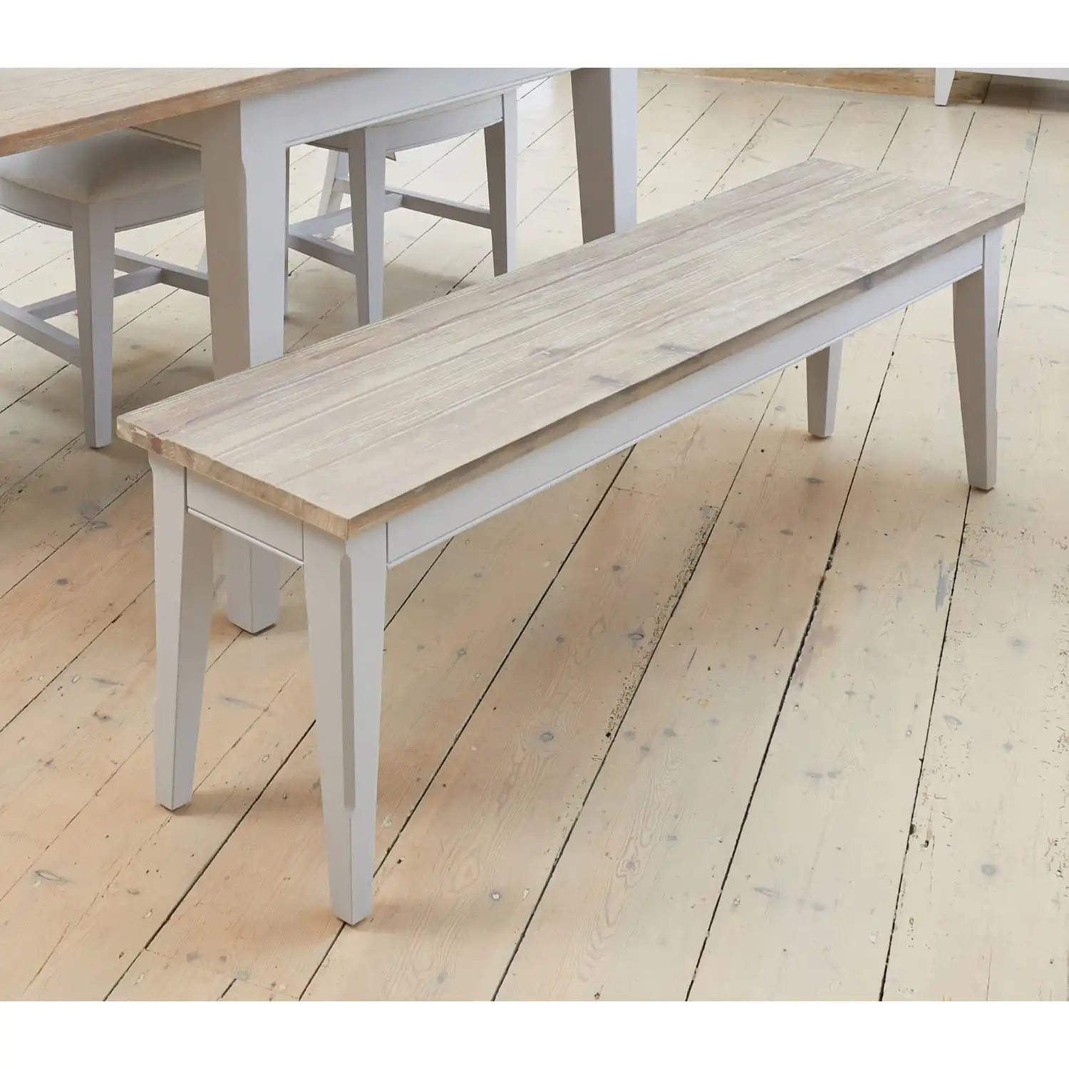 Large Wood Distressed Grey Painted Dining Bench Limed Top 150cm