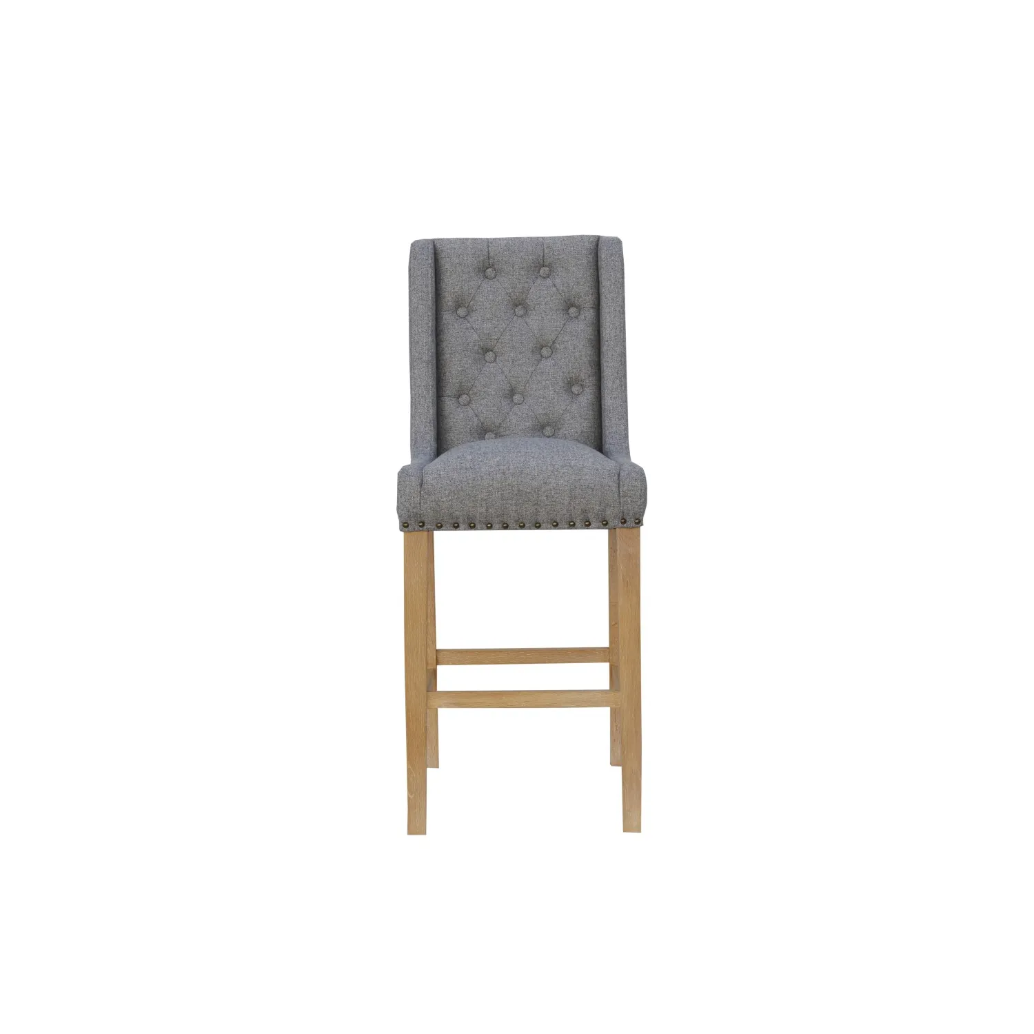 Modern Oak Wood Light Grey Fabric Button Back Stool