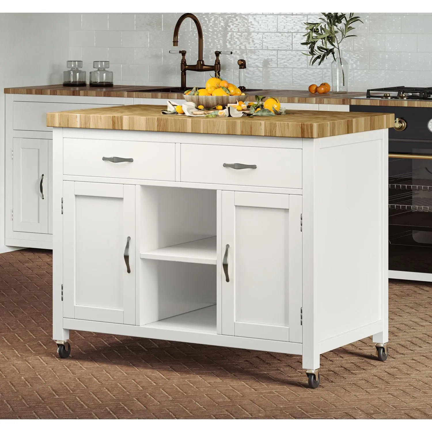 Kitchen Island (White) with Butchers Block