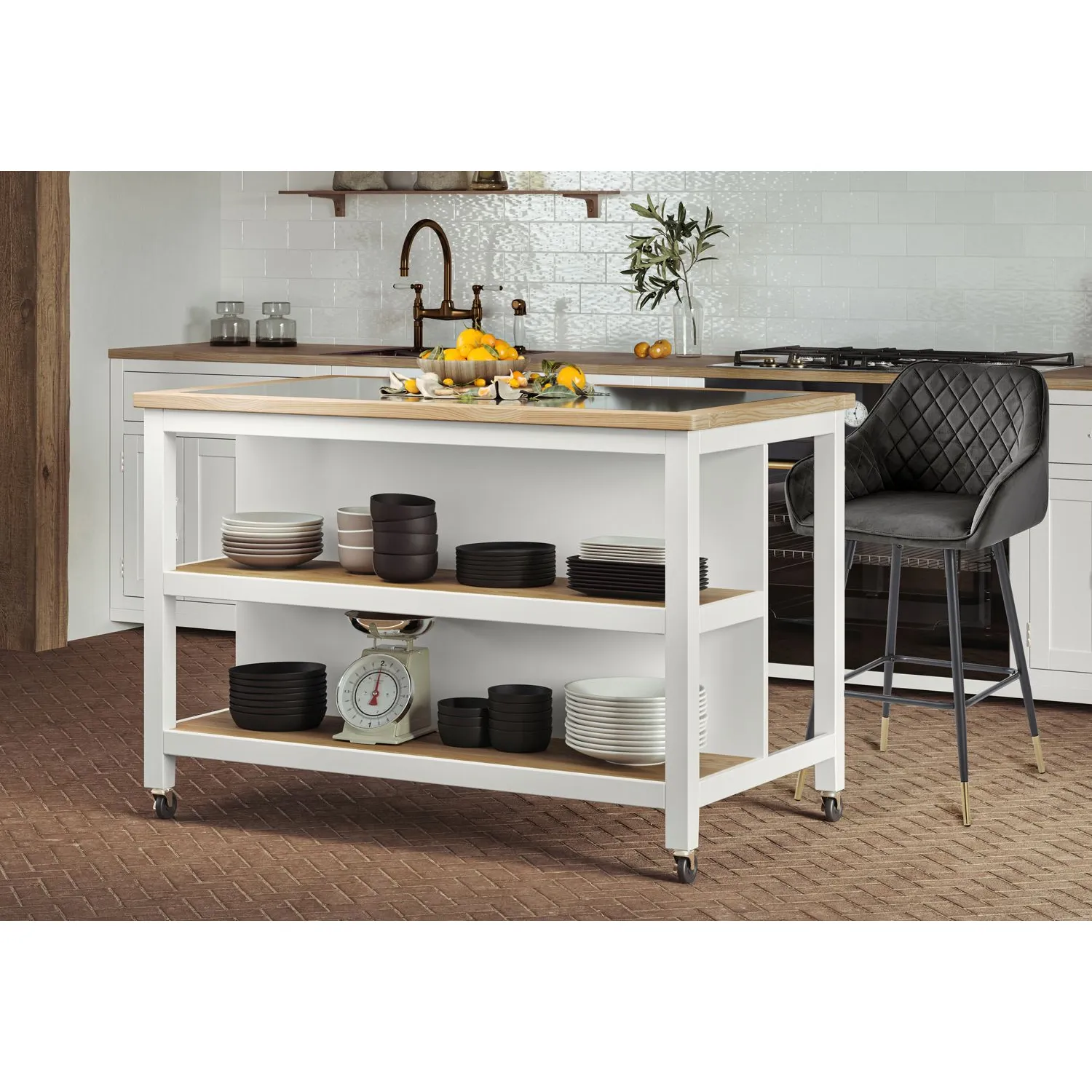 Kitchen Island (White) Open with Breakfast Bar