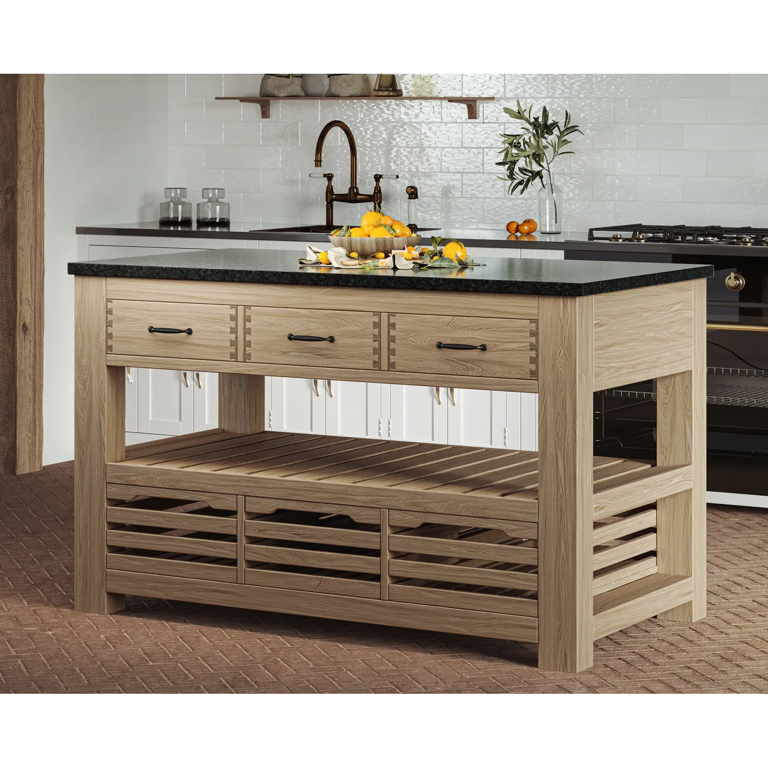 Kitchen Island (Oak) Three Drawer With Black Granite Top