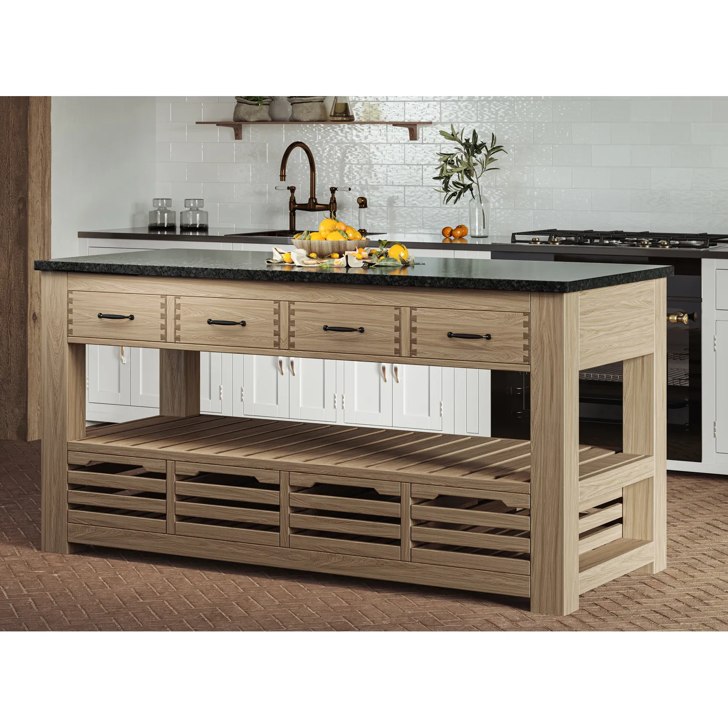 Kitchen Island (Oak) Four Drawer With Black Granite Top