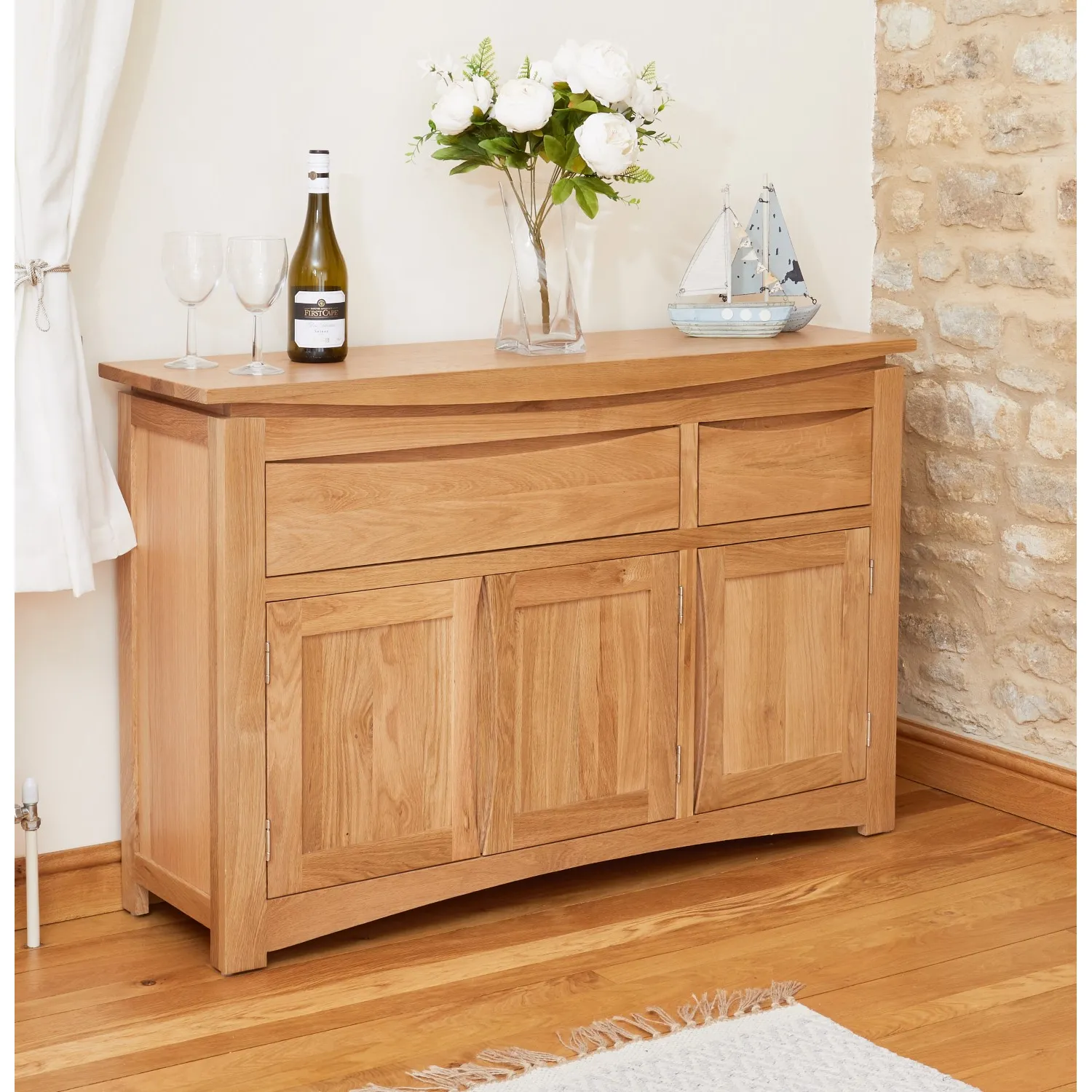 Light Solid Oak Large Wide Sideboard Cupboard 3 Doors 2 Drawers