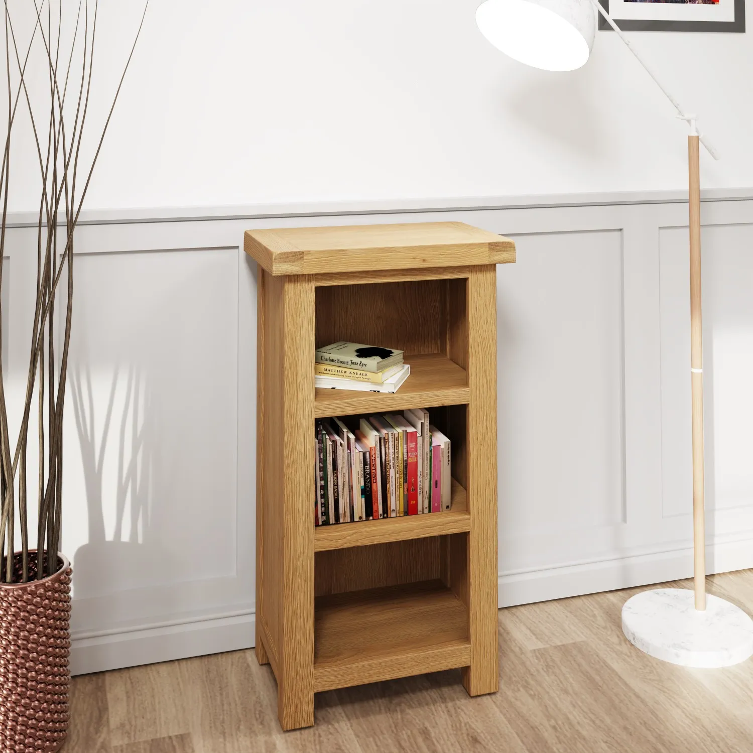 Rustic Oak Small Narrow Bookcase Satin Finish