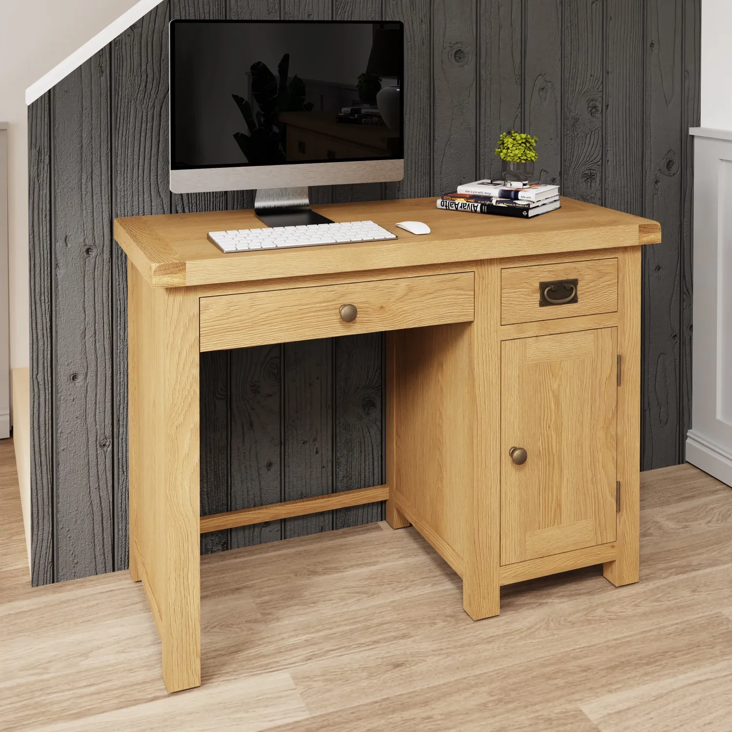 Natural Oak Wood Computer Laptop Desk with Keyboard Drawer