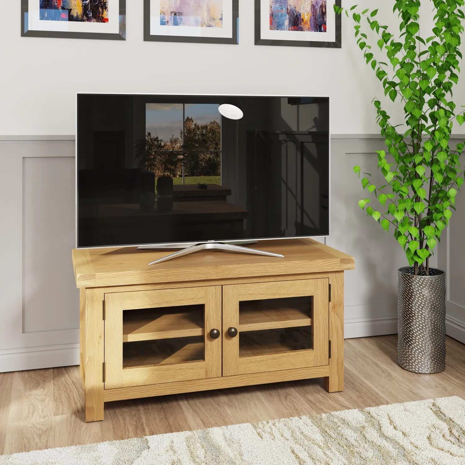 Rustic Oak Small TV Unit with 2 Glass Doors