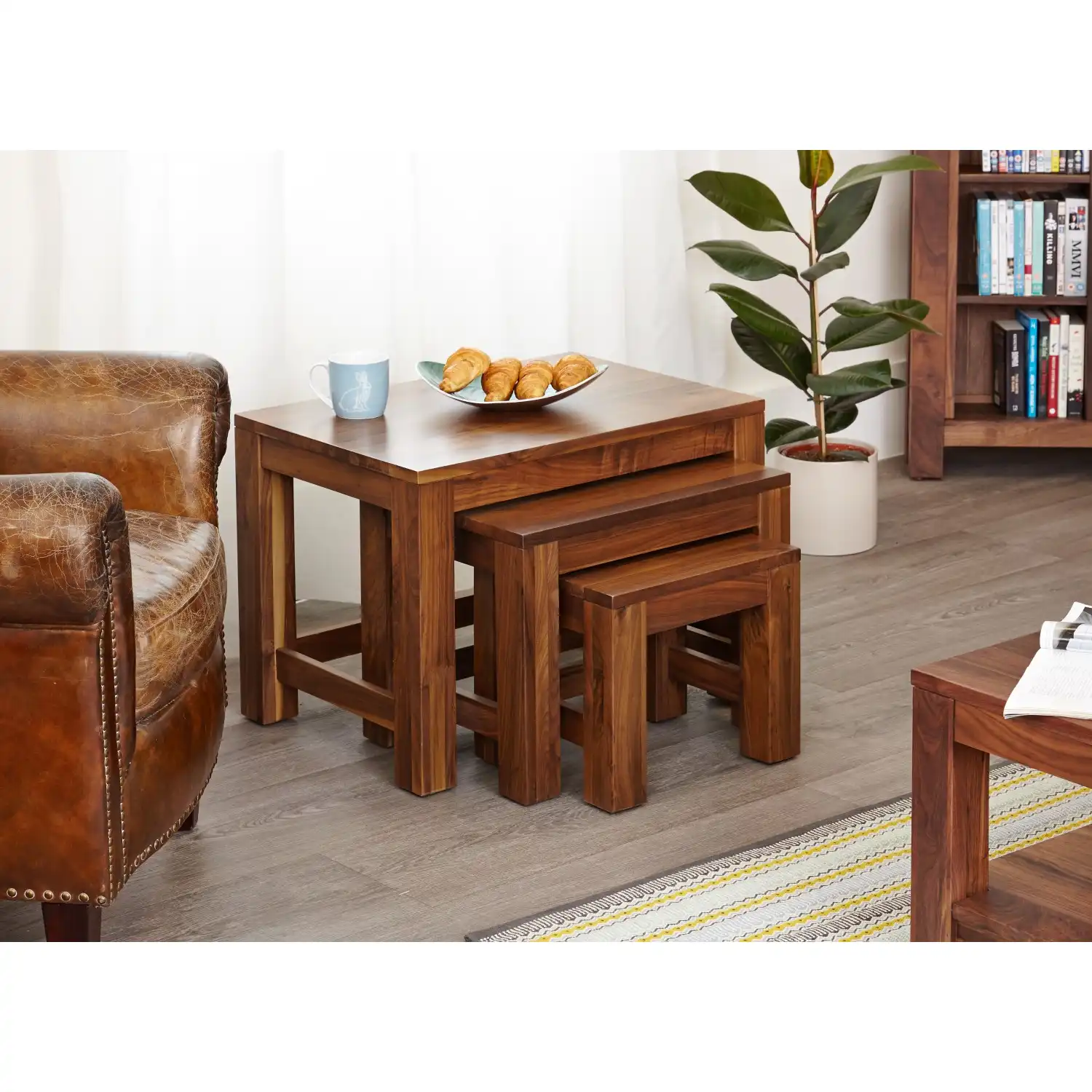 Solid Walnut Nest of 3 Coffee Tables in Dark Wood Finish Square Legs