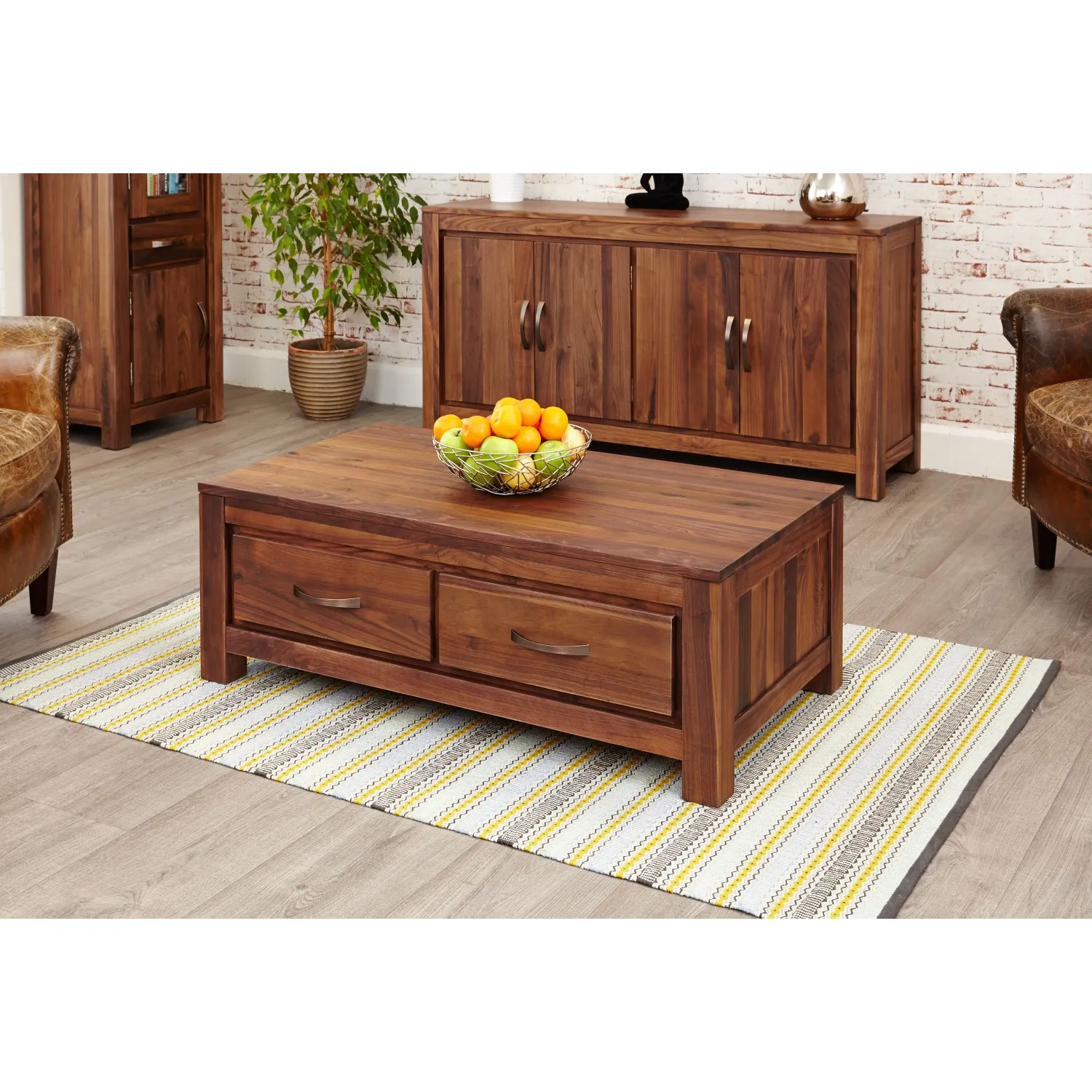 Dark Walnut Wood 4 Drawer Low Rectangular Coffee Table