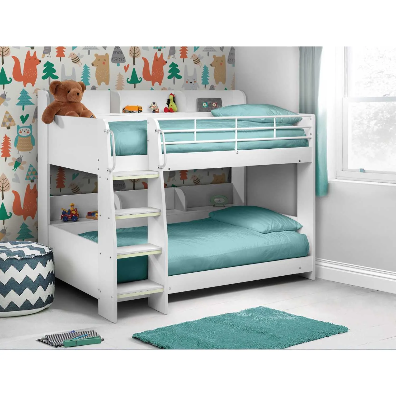 Modern White Wooden Single Kids Sleeper Bunk Bed with Ladder and Shelving