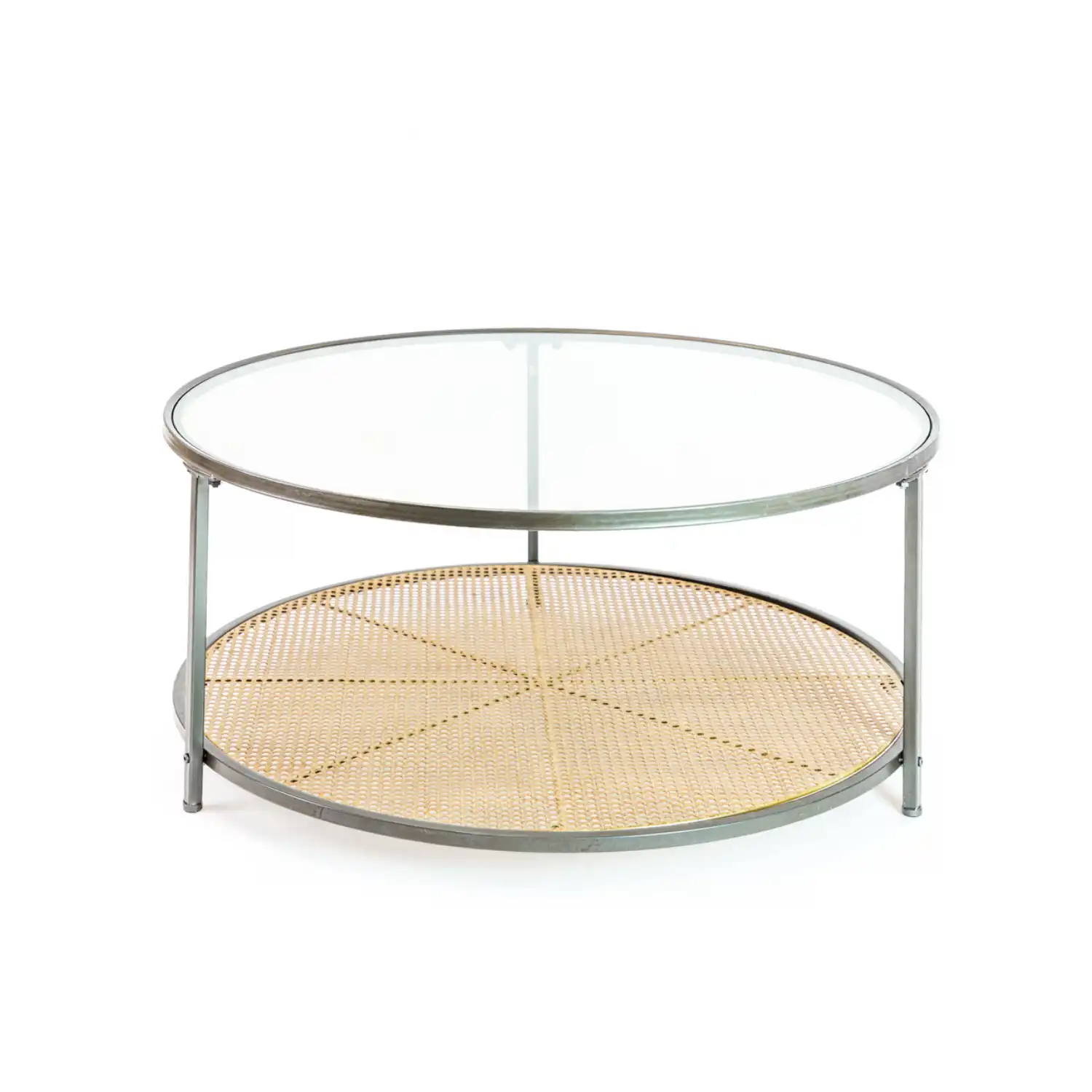 Silver Round Glass Coffee Table with Rattan Base