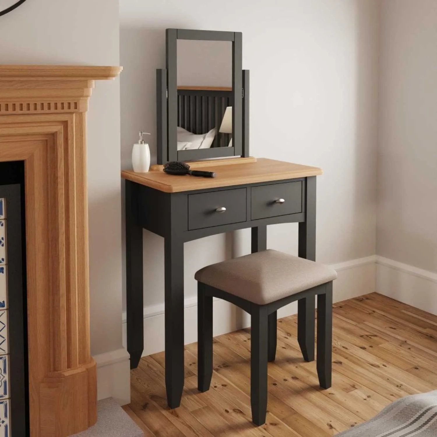 Grey Painted Wooden Bedroom Dressing Table Desk Oak Top with 2 Drawers