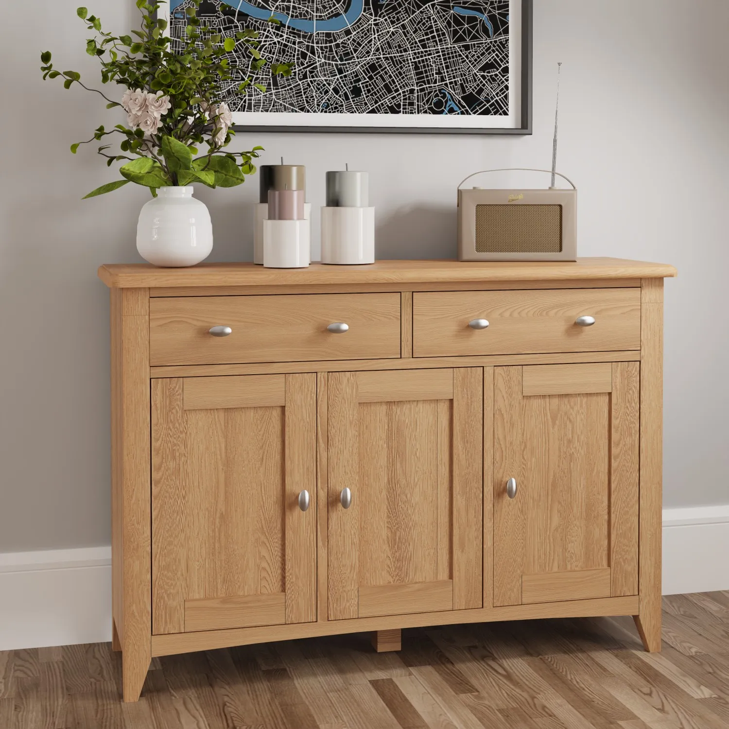 Modern Solid Oak Top 3 Door 2 Drawer Sideboard