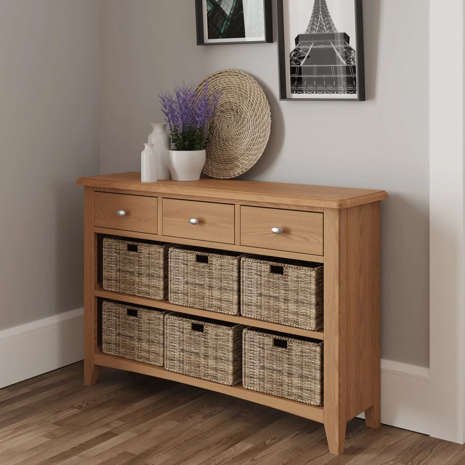 Oak 3 Drawer 6 Woven Wicker Baskets Sideboard