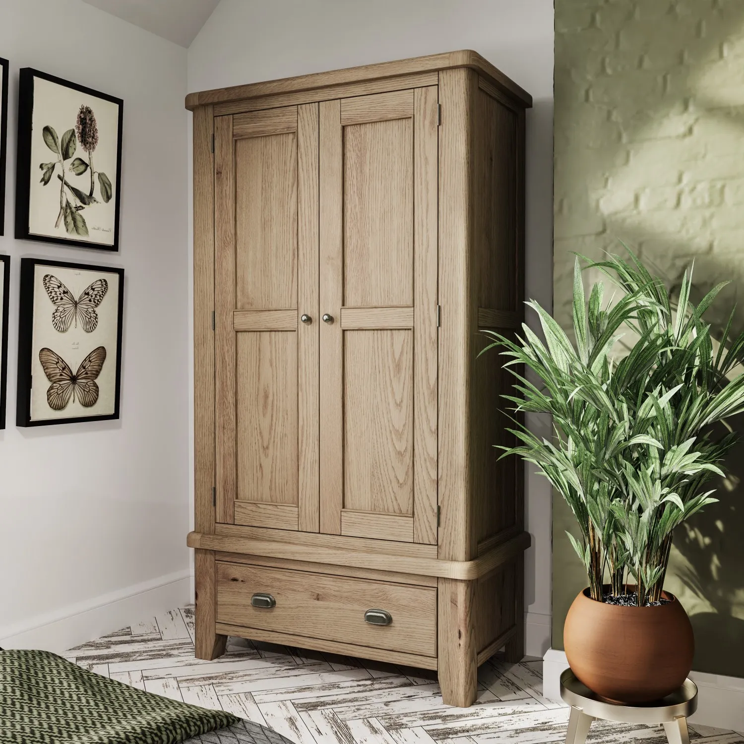 Oak Wood 2 Door Wardrobe with Drawer