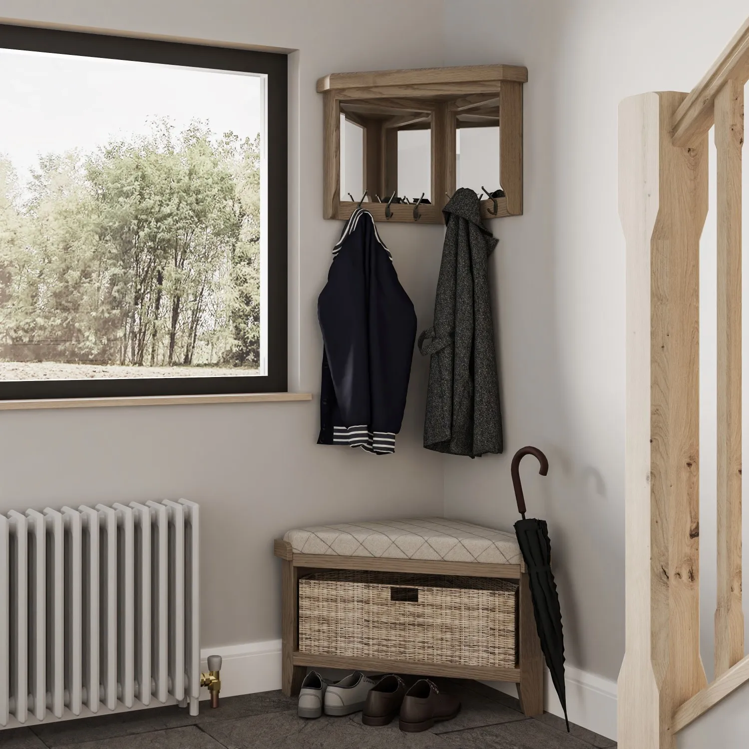 Wooden Corner Bench with Wool Seat Wicker Baskets