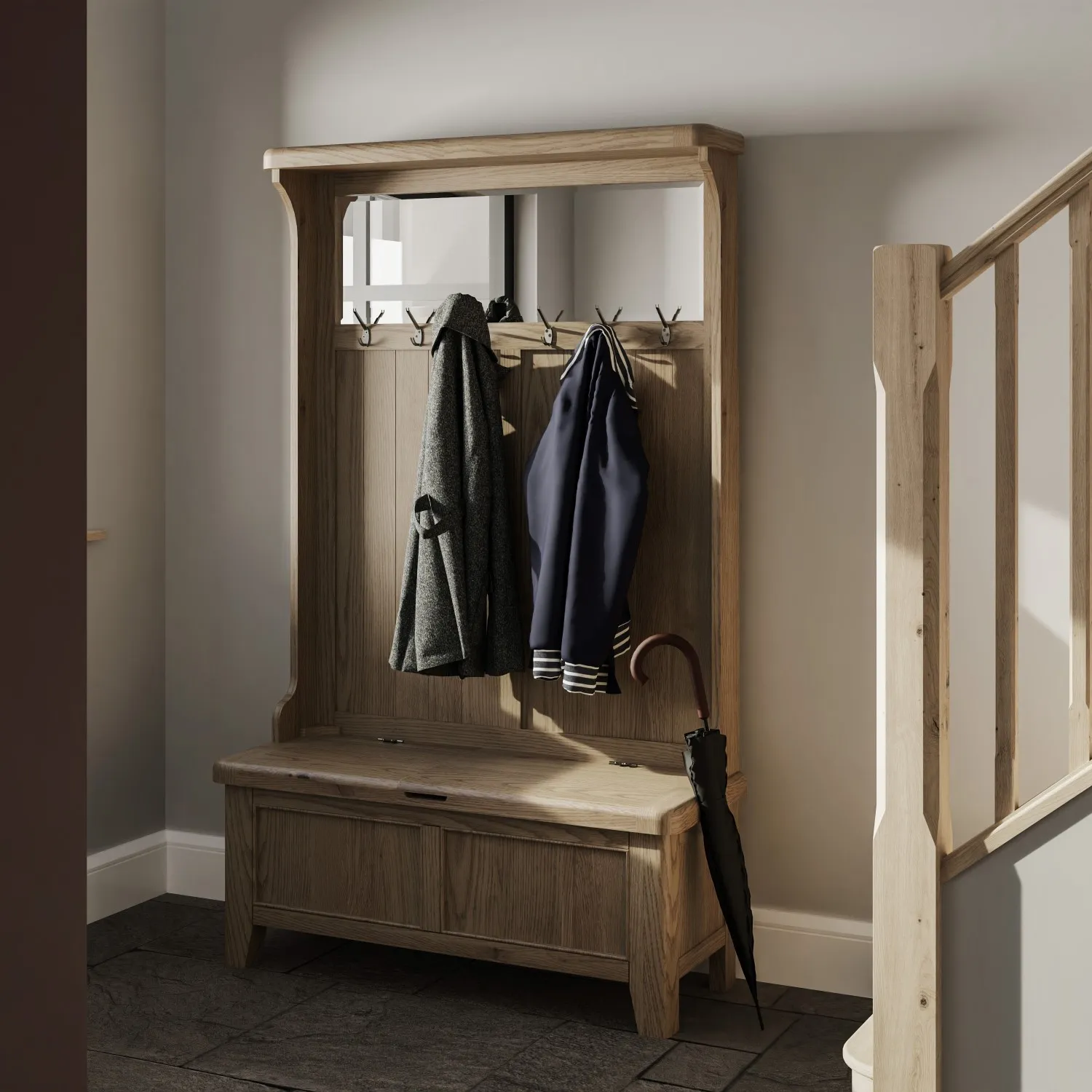 Oak Storage Bench 3 Basket Drawers