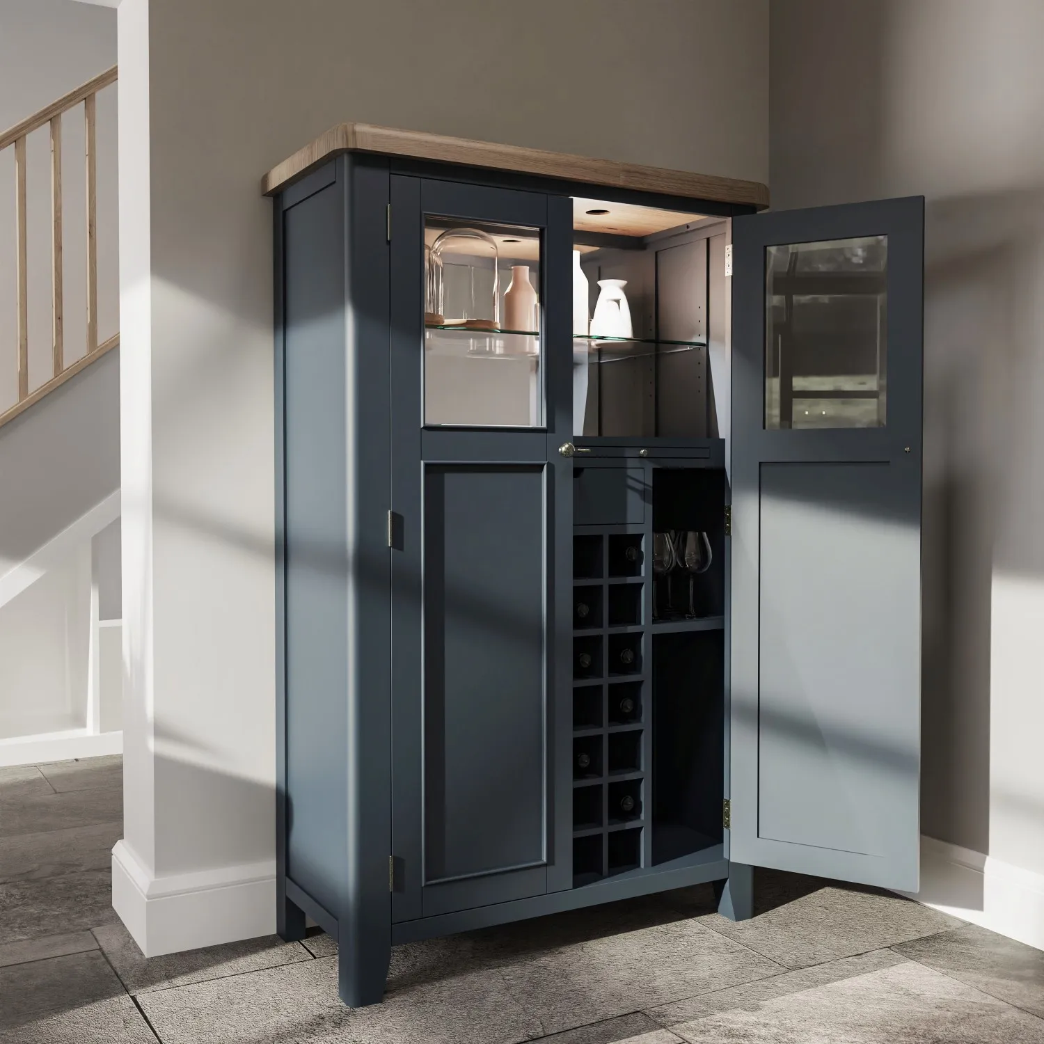 Large Dark Blue Painted Oak Drinks Cabinet